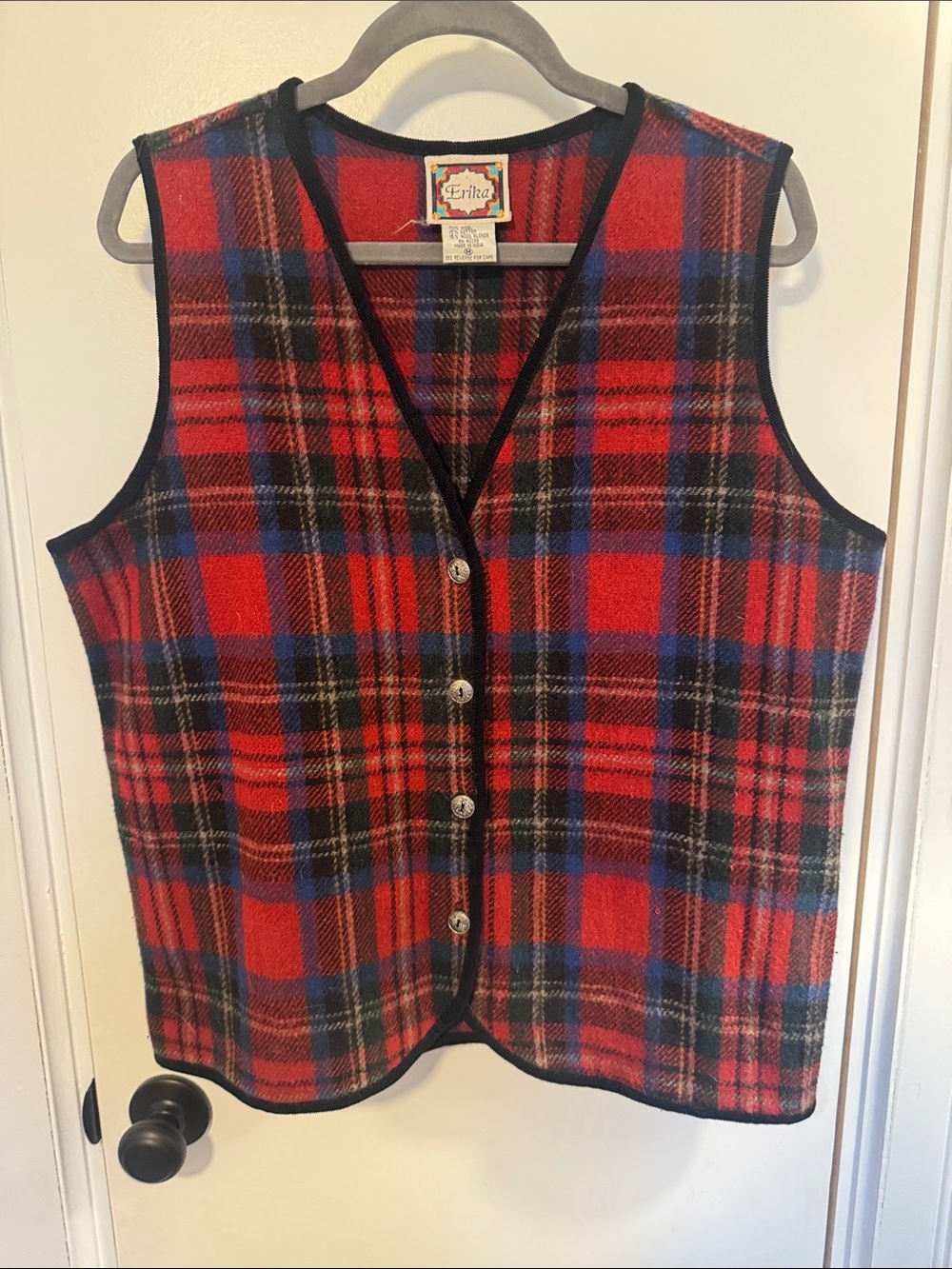 Vintage Erika Red Tartan Wool Plaid Button Vest M